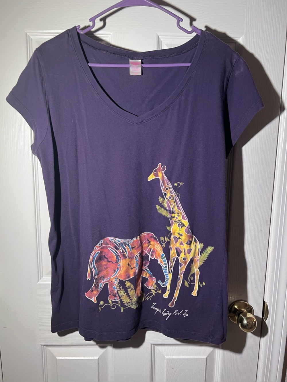 Purple Short Sleeve V-Neck Tee with Colorful Giraffe & Elephant Print